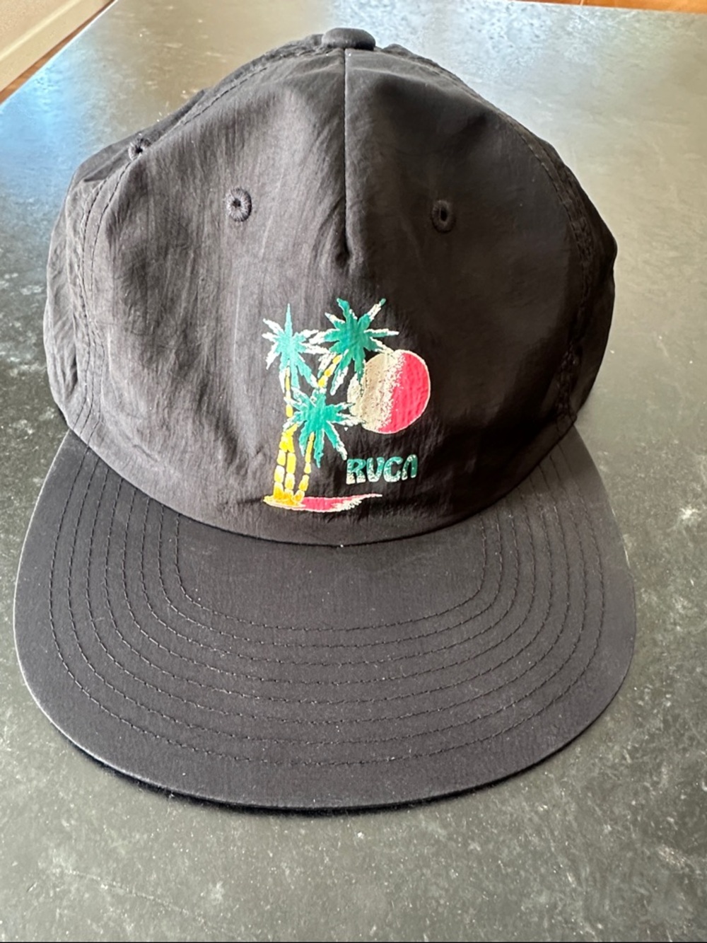 RVCA Black Cap with Tropical Palm & Sunset Embroidery